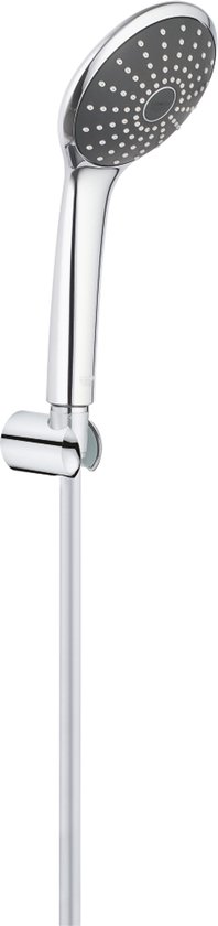 Chroomkleurige douchekop met grijze sproeischijf, gemonteerd op een zilverkleurige douchestang.