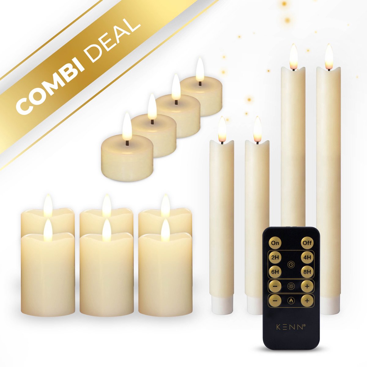 KENN® LED Kaarsen Set – Complete Kaarsenbundel – Ivoor – Set van 14 – Echte Wax – Met Afstandsbediening & Timer – Tot 300 Branduren – Realistisch Vlameffect – LED Kaarsen op Batterijen – LED Dinerkaarsen – LED Stompkaarsen – LED Waxinelichtjes