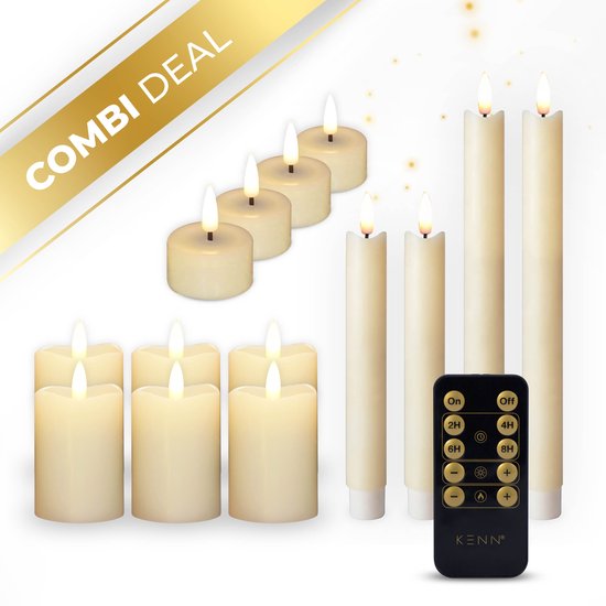 KENN® Complete Kaarsenbundel - 3D LED Kaarsen - Set van 14 - Ivoor - Met Afstandsbediening - 200+ Branduren - LED Waxinelichtjes - LED Stompkaarsen - LED Dinerkaarsen - Kaarsenset