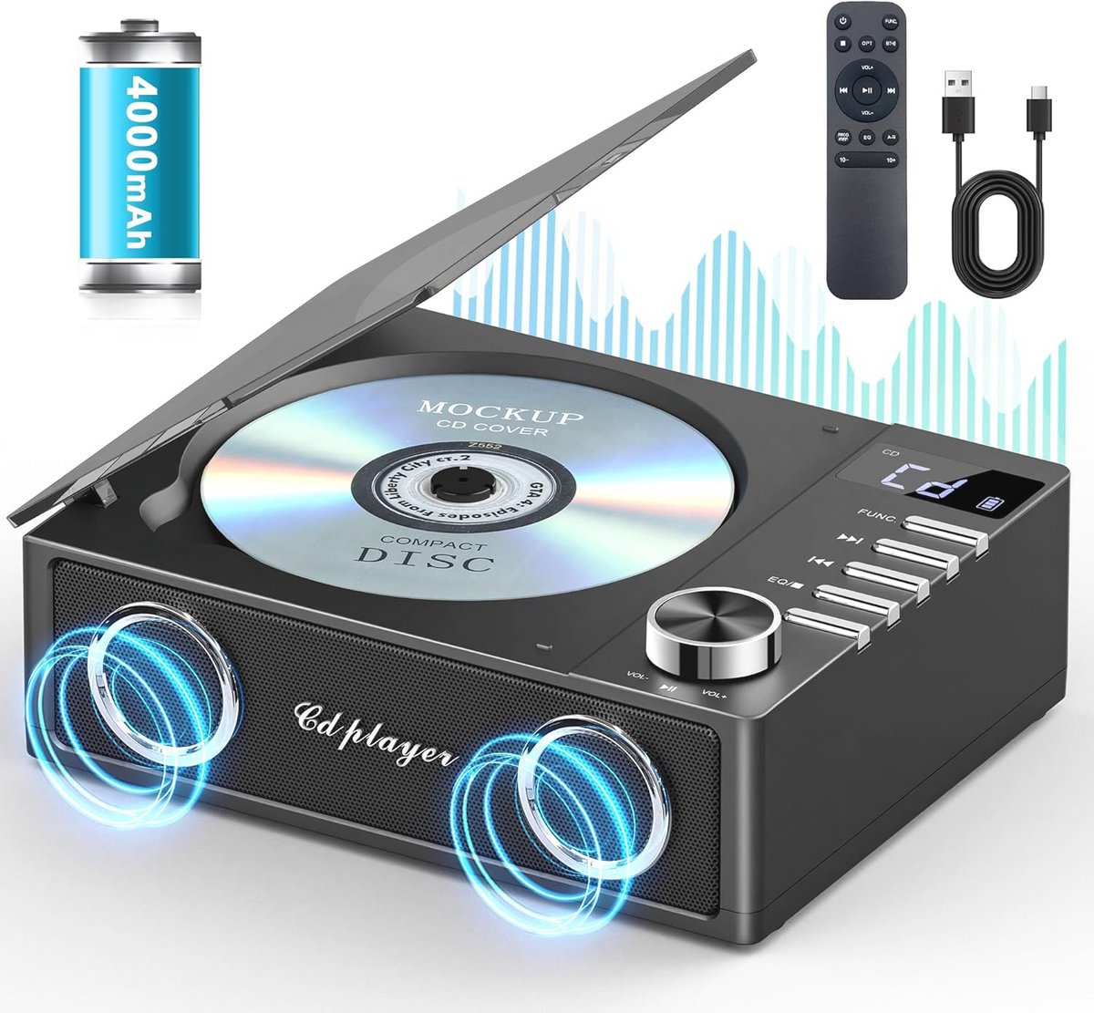 Draagbare cd-speler met Bluetooth 5.3 en 4000 mAh batterij - Hifi geluidskwaliteit, USB, TF, AUX ondersteuning, afstandsbediening en led-display
