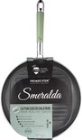 Zwarte grillpan met lichtgroen handvat en de tekst 'Smeralda' en 'YOUR HEALTHY CHOICE'.