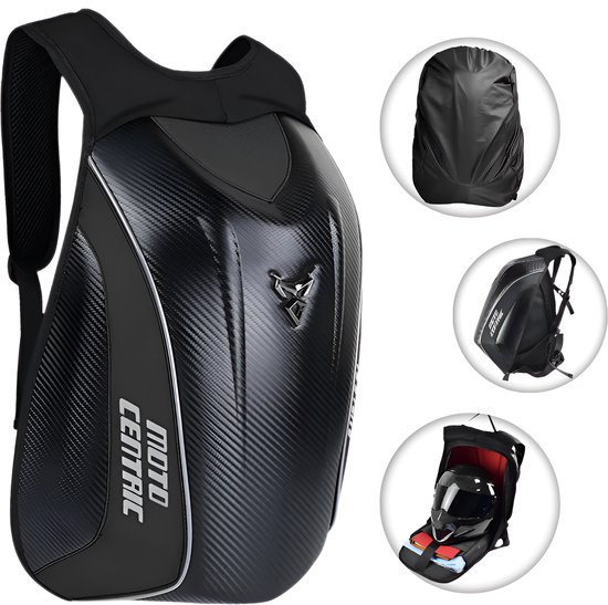 WoYoW® - Sac à dos pour casque de moto en fibre de carbone 30L - Shell rigide étanche - Incl. Housse de pluie - Légère et spacieuse - Convient à tous les motocyclistes - Sac à dos moto