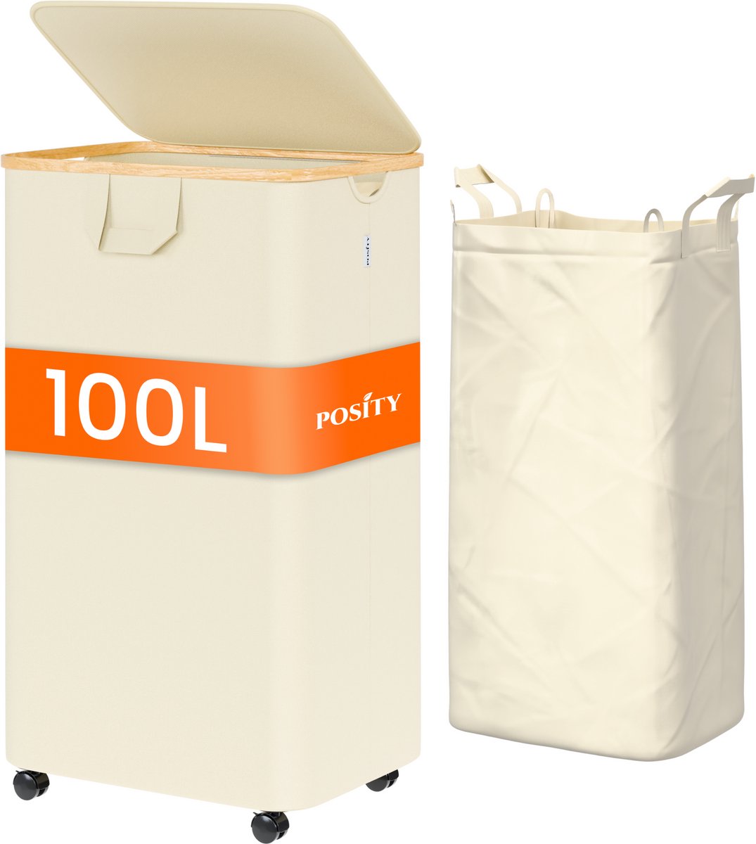 Posity Wasmand op Wielen – 100 Liter – Opvouwbaar – Met Deksel & Handvaten – Wasmand Stof - Bamboe - Laundry Basket - Incl. Waszak - Beige