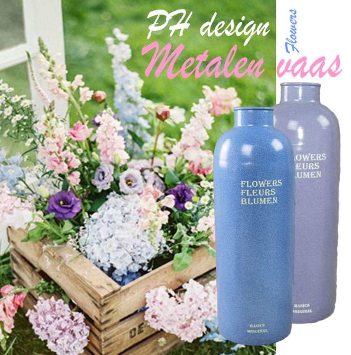 Vaas metaal set van 2: 5,5x9,5x28cm / 4,5x7,5x23cm old white