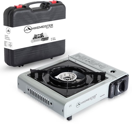 Hikemeister ® camping kooktoestel 1 pit 2200 KW draagbaar in mat grijs met Nederlandse beschrijving en CE