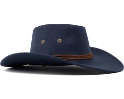 KIMU® Cowboyhoed Donkerblauw Suedelook - Lichtgewicht Blauwe PU Suede Cowboy Western Hoed Touw Dames Heren - Cowgirl Ranger Yellowstone Halloween