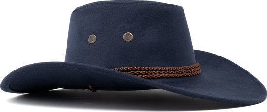 KIMU Cowboyhoed Donkerblauw Suedelook - Blauwe PU Suede Cowboy Western Hoed Touw Dames Heren - Cowgirl Ranger Yellowstone Carnaval