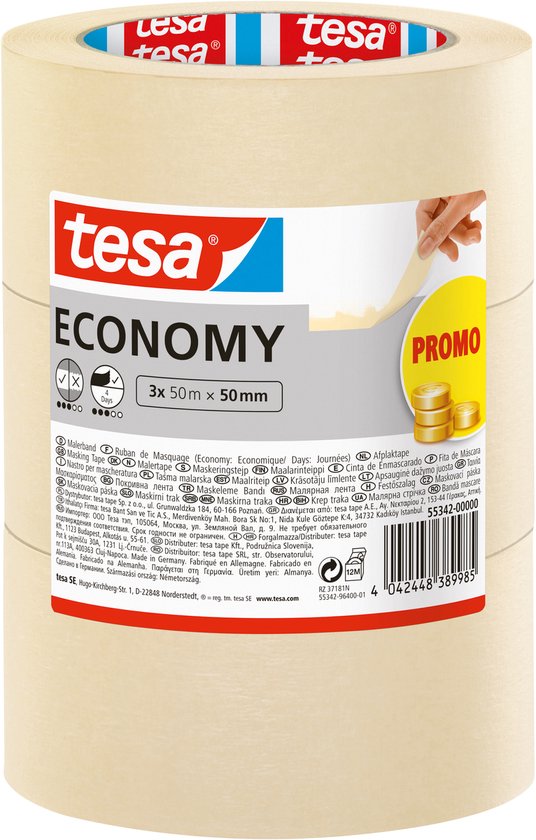 Trois rouleaux de ruban de masquage Tesa Economy, beige, 50m x 50mm. Texte "PROMO" et pièces visibles.