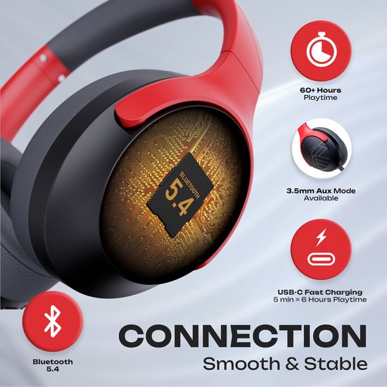 Zwarte en rode over-ear koptelefoon met zichtbare printplaat en Bluetooth 5.4-logo.