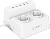Orico - Stekkerdoos met 2 Stopcontacten en 5 USB-Laadpoorten - Tablet/Smartphone Standaard - 2500W - Incl. aan/uit schakelaar en overspanningsbeveiliging - Wit