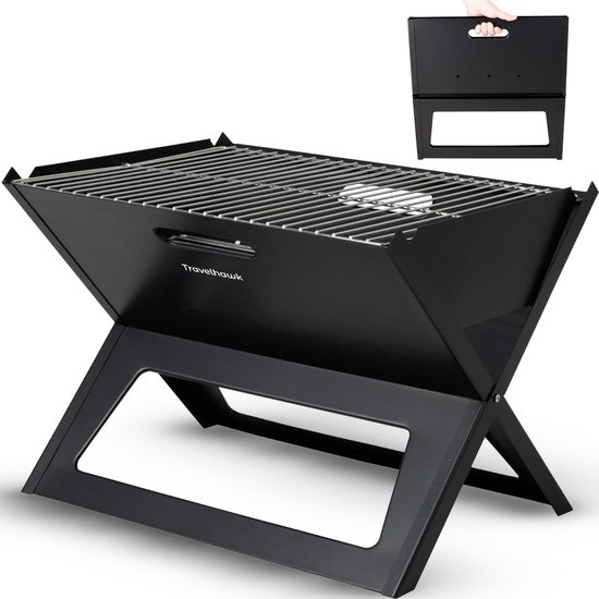 Travelhawk Houtskool BBQ - Barbecue Houtskool - Opvouwbaar - 44x32cm Grilloppervlak - Gelegeerd Staal - Zwart