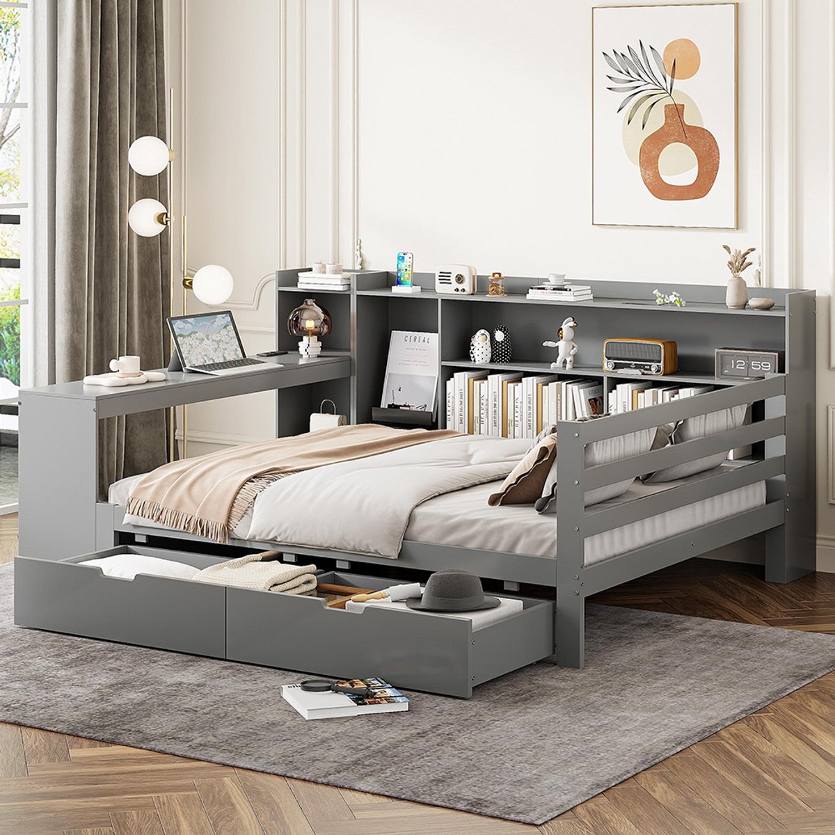 Komhtom Kinderbed Gecombineerd bed Sofabed in massief hout 140x200 cm met bureau, planken, opbergvakken en planken met 2 grote opbergkasten grijs