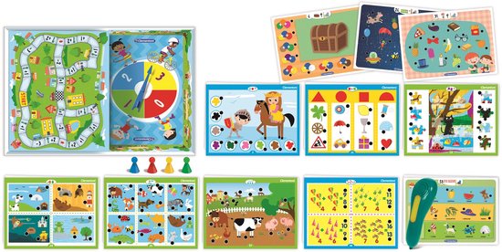 Educatief spel met bord, kaarten, pionnen en een blauwe interactieve pen, uitgestald.