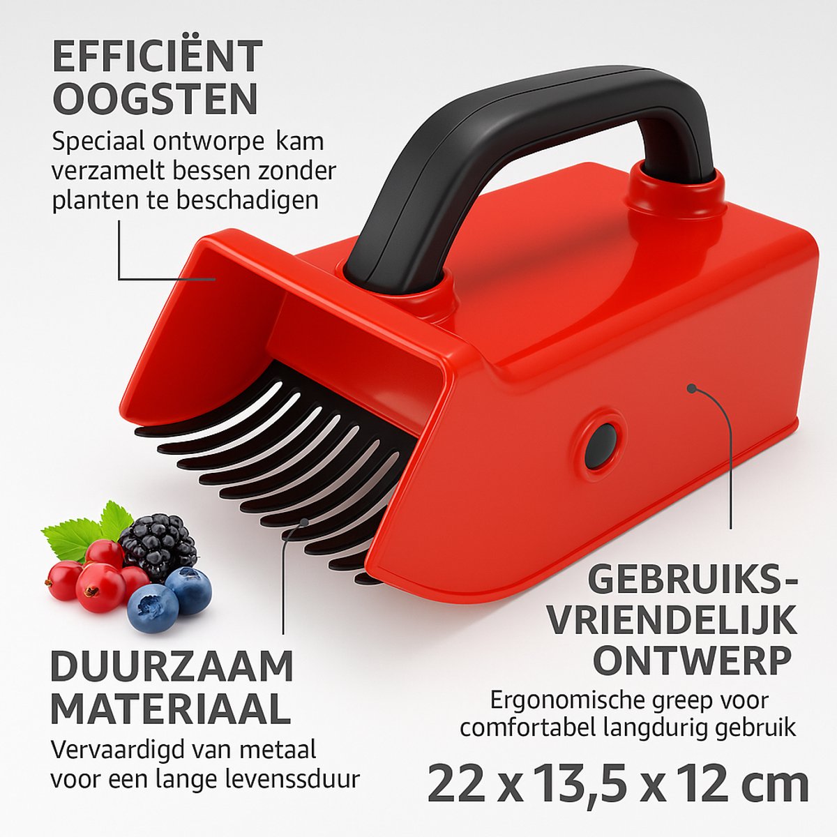 Ferrarium bessenplukker met metalen kam – Voor Blauwe Bessen, Bramen & Rood Fruit – Handige Fruitplukker 22x13,5x12 cm – Ideaal voor Oogst & Tuin
