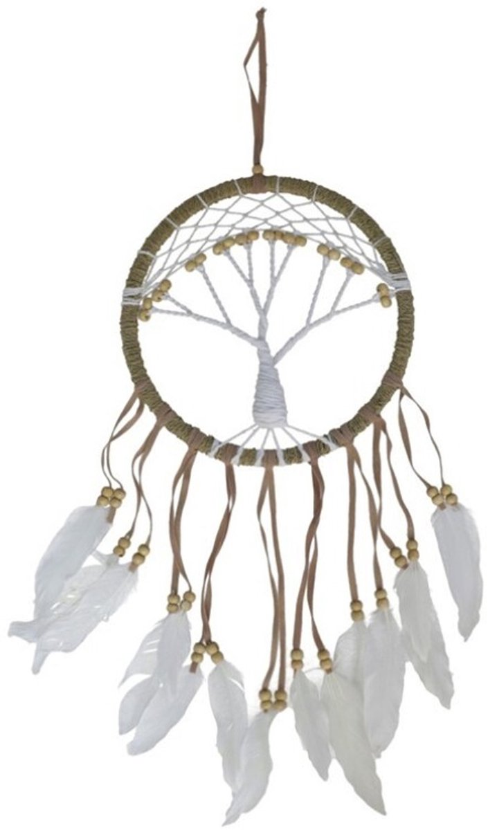 Gerimport Dromenvanger/dreamcatcher - mobiel - bruin - veertjes/kraaltjes - 22 cm