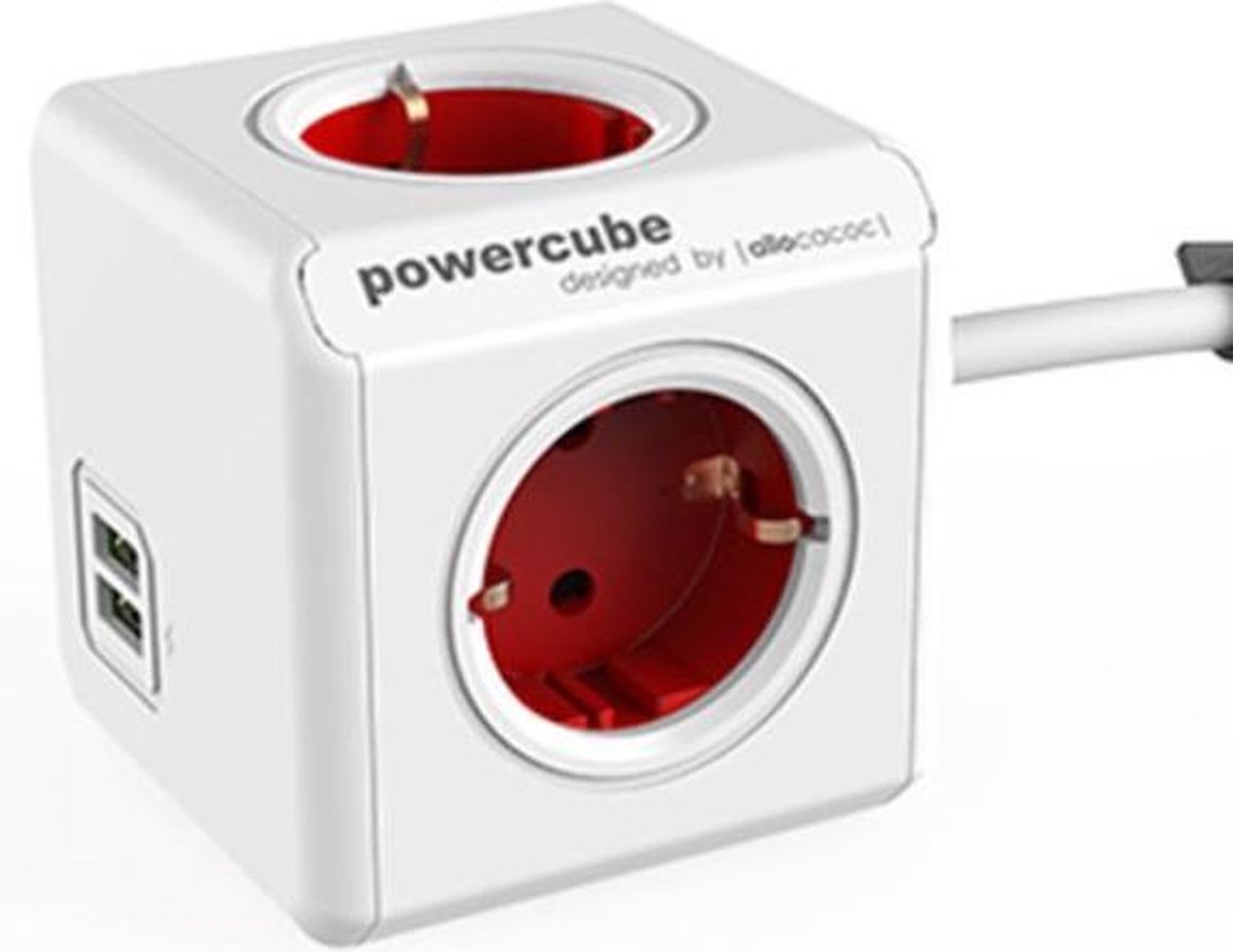 Allocacoc PowerCube Extended stekkerdoos met 4 contacten en 2x USB / rood/wit - 1,5 meter