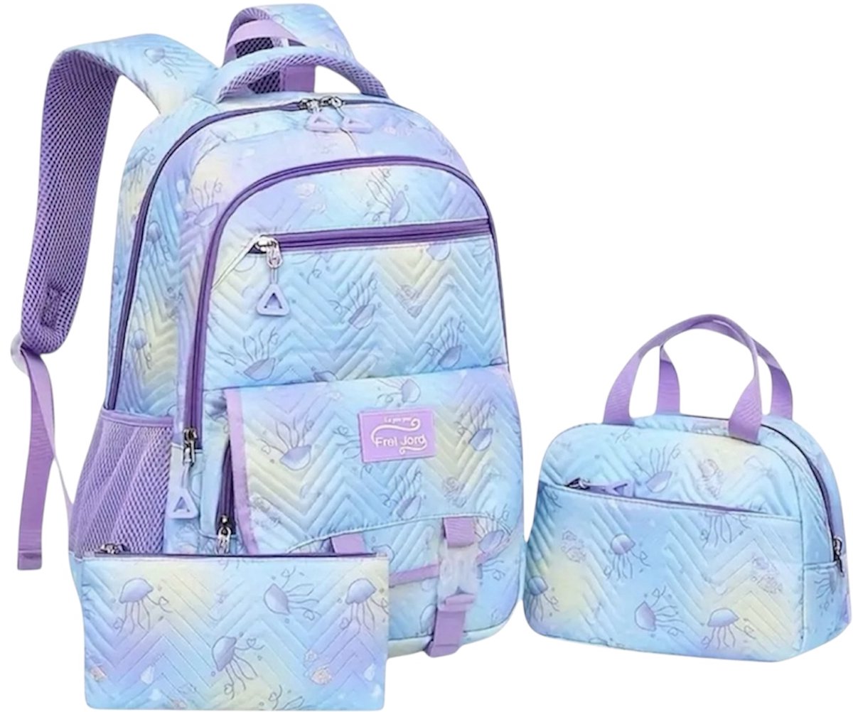 Twenty Two 3-delig schooltassen set | schoolrugzak, etui, lunchtas voor meisjes/basisschool blauw|paars|lila met ritssluiting |waterdicht | grote capaciteit/veel vakken |lichtgewicht |meiden tassenset |3 stuks |stevig tas |schooltassen set 31x17x45cm