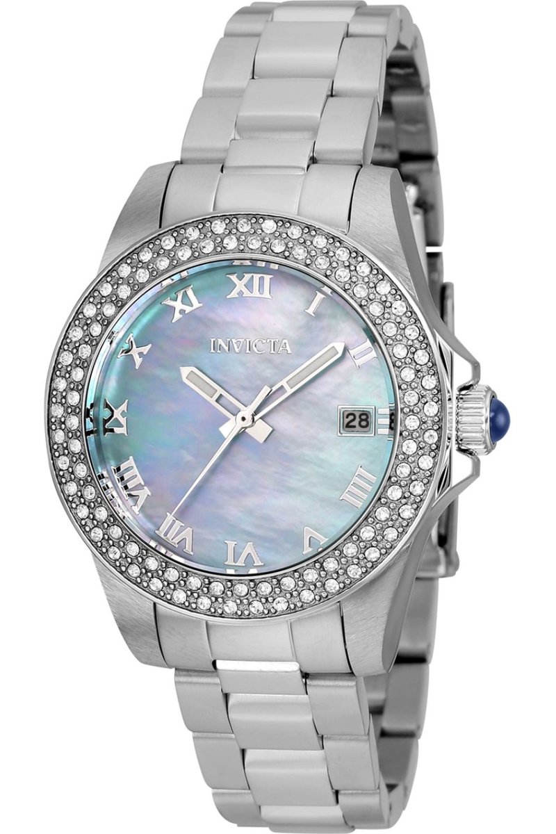 Invicta Angel 36071 Dames Horloge - Waterdicht - Analoog - Quartz Uurwerk - Roestvrij Staal met blauwe Wijzerplaat - 34mm
