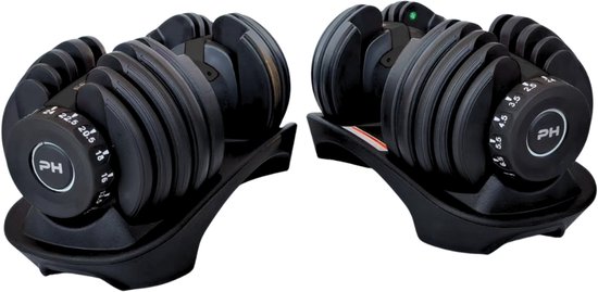 PH Fitness Verstelbare Dumbells Set 24KG Zwart - 2 STUKS - Smart Dumbbells - Gewichtenset voor Home Gym - Adjustable Dumbbells van 2,5 kg tot 24kg - Complete Halterset van 15 Dumbbells in een!