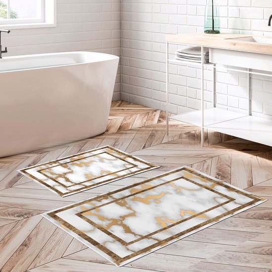 Tappetini Da Bagno Macoroni In Cotone – Beige – Set 2 Pezzi (60x100 Cm + 50x60 Cm) – Morbidi E Pesi – Lavabili