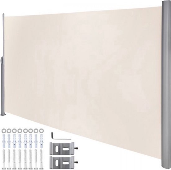Uittrekbaar windscherm met beige doek en grijze palen, inclusief bevestigingsmateriaal.