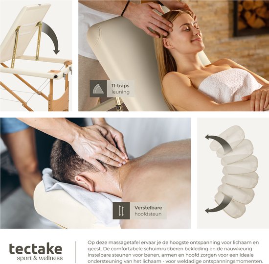 tectake® Draagbare Massagetafel - 3 Zones - Opvouwbaar en Verstelbaar - Voor Massage, Fysiotherapie en Tattoo - Incl. Draagtas - Beige