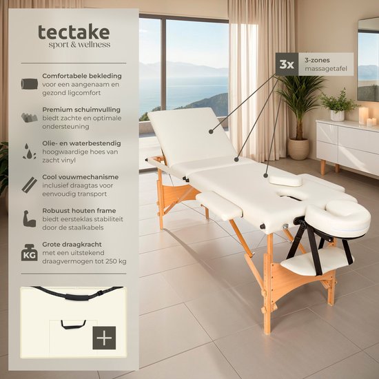 tectake® Draagbare Massagetafel - 3 Zones - Opvouwbaar en Verstelbaar - Voor Massage, Fysiotherapie en Tattoo - Incl. Draagtas - Beige