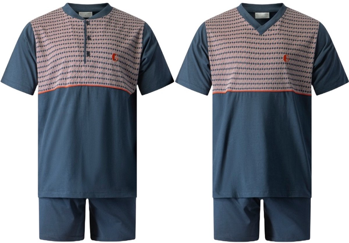 Gentlemen - 2 heren shortama's 114282 - donkerblauw met print - knoop- en V-hals - maat XXL