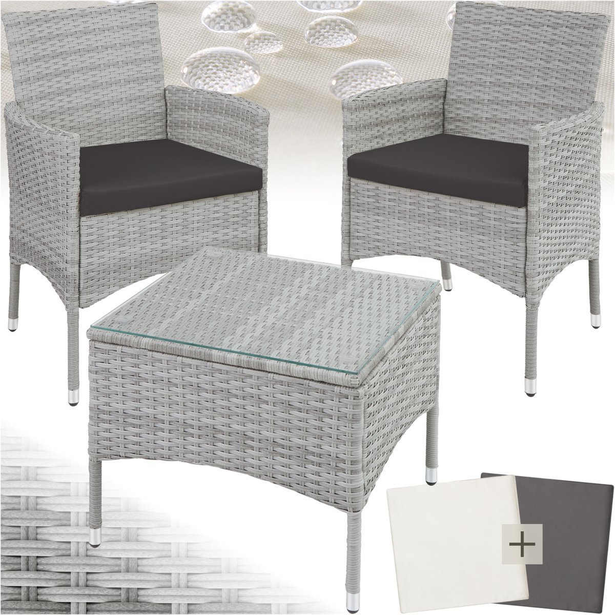 TecTake® - Wicker Tuinset met Verwisselbare Hoezen - 2 Stoelen en Tafel met Glazen Blad - 2 Outdoor Loungestoelen met Armleuningen en Tuintafel - Tuinmeubelset, Balkonmeubilair - Lichtgrijs - Poly-Rattan