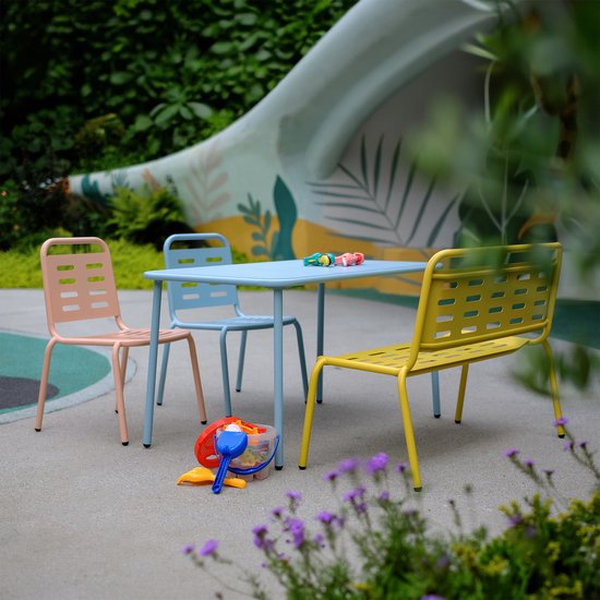Ensemble de jardin pour enfants Etroubles 4 pièces table avec banc et 2 chaises bleu jaune rose casa.pro
