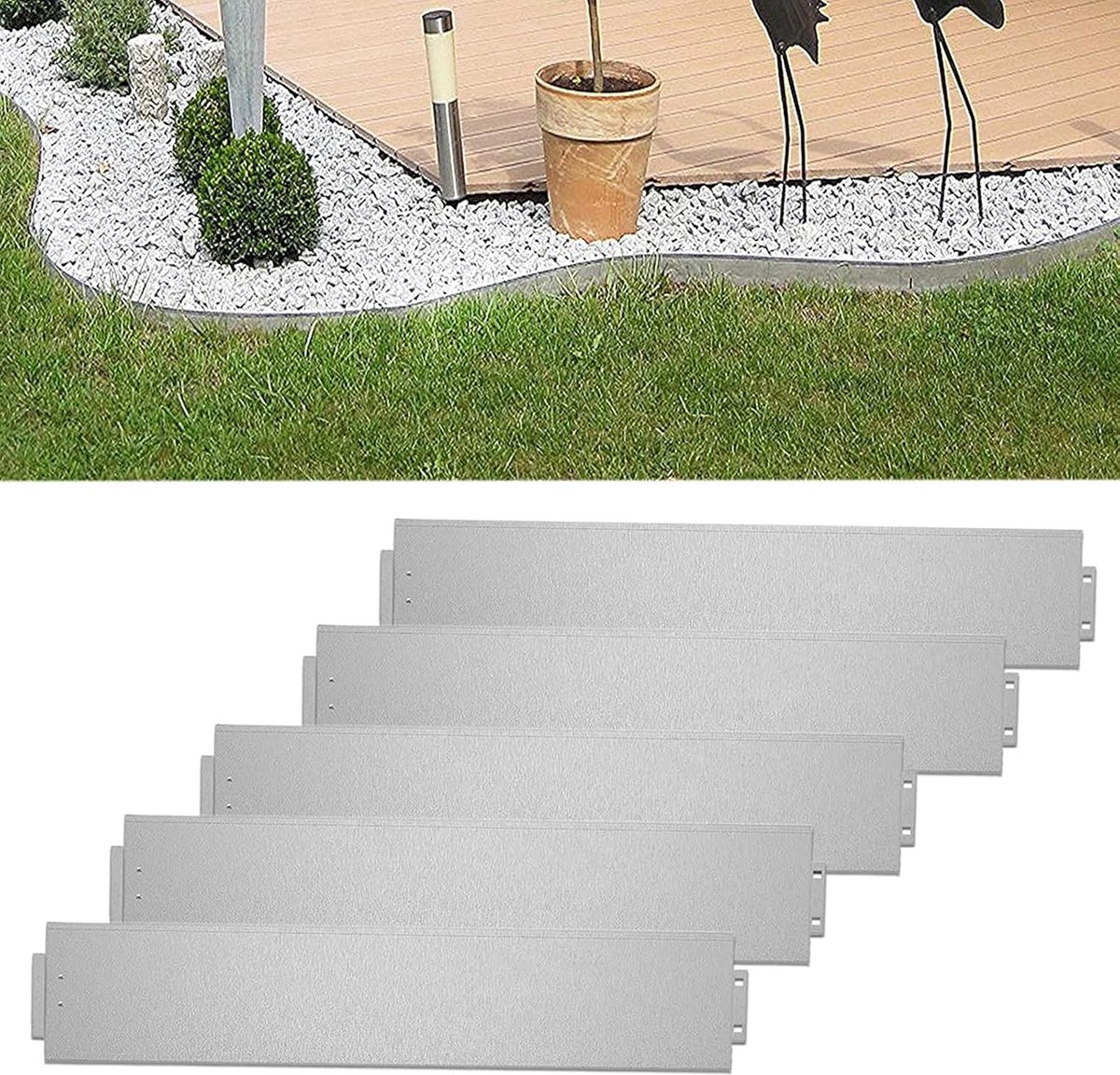 Aufun Metalen gazonrand - 5 m - gegalvaniseerd - voor bedranden en maairanden - elke rand 100 cm lang en 18 cm hoog