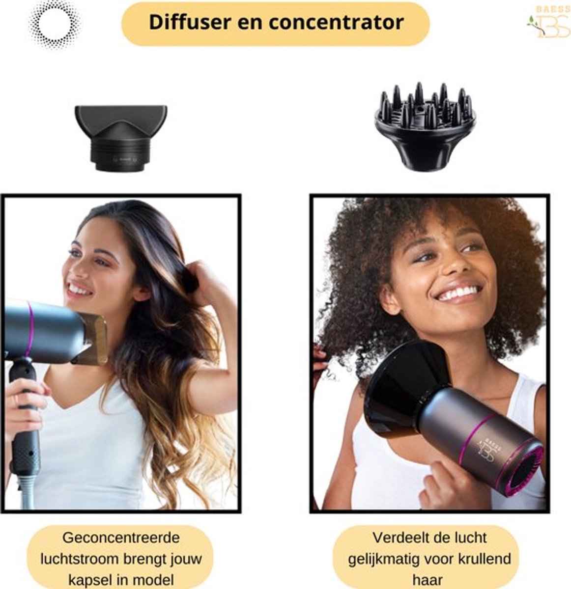 BAESS Föhn met diffuser - Reisföhn Inklapbaar - Ionische Haardroger - 2000W - Coolshot - Krullen - Haarföhn - Hair Dryer - Grijs thumbnail 4