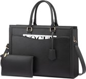 laptoptas/schoudertas voor dames 15.6 inch + klein tasje 41.9 L x 14.7 B x 31.8 H met verstelbare en afneembare schouderriem te gebruiken als handtas,schoudertas,laptoptas,aktetas stijlvol - 6 vakken met ritssluiting PU-leer (zwart)