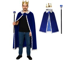 Joya Party® Koning cape/mantel met Kroon en staf voor volwassenen | Carnaval verkleedkleding | Prins Verkleed Cape | Middeleeuwen | Majesteit | Blauw | Heren en Dames | One Size