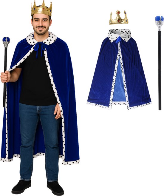 Joya Kids® Koning cape/mantel met Kroon en staf voor volwassenen | Carnaval verkleedkleding | Prins Verkleed Cape | Middeleeuwen | Majesteit | Blauw | Heren en Dames | One Size