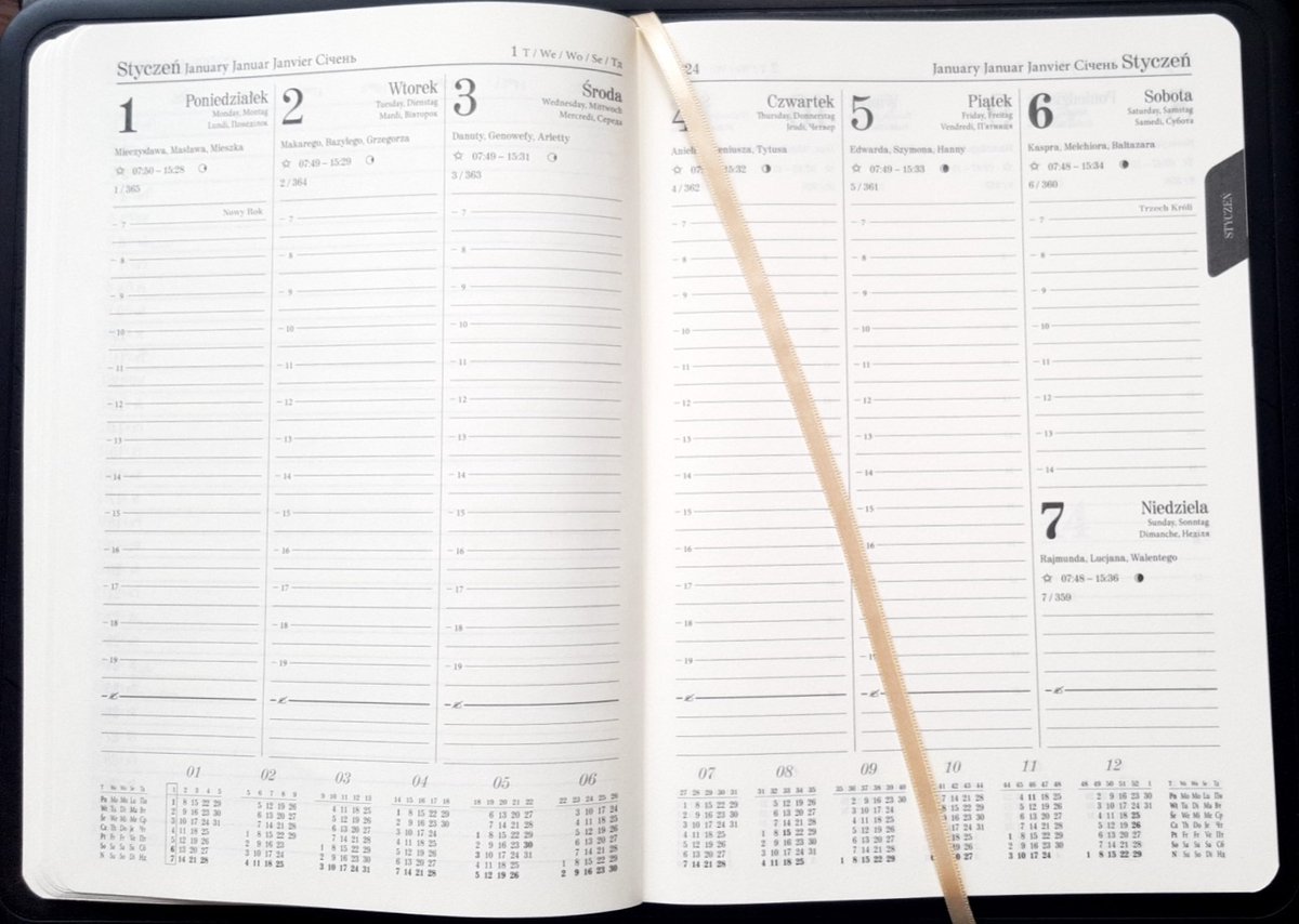 Wekelijkse kalender premium zwart-wit A4 met verwisselbare vulling, elastische sluiting Modena.