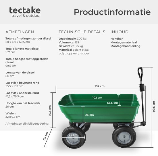 tectake® Transportkar Tummi met luchtbanden - Draagkracht 300kg - Tuinwagen met kantelfunctie van Merkloos — afbeelding 3