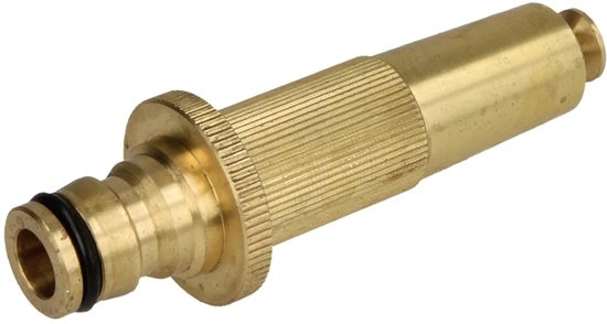 Tuinsproeier messing 1/2″ met Gardena aansluiting, traploos instelbaar van straal tot nevel, duurzaam