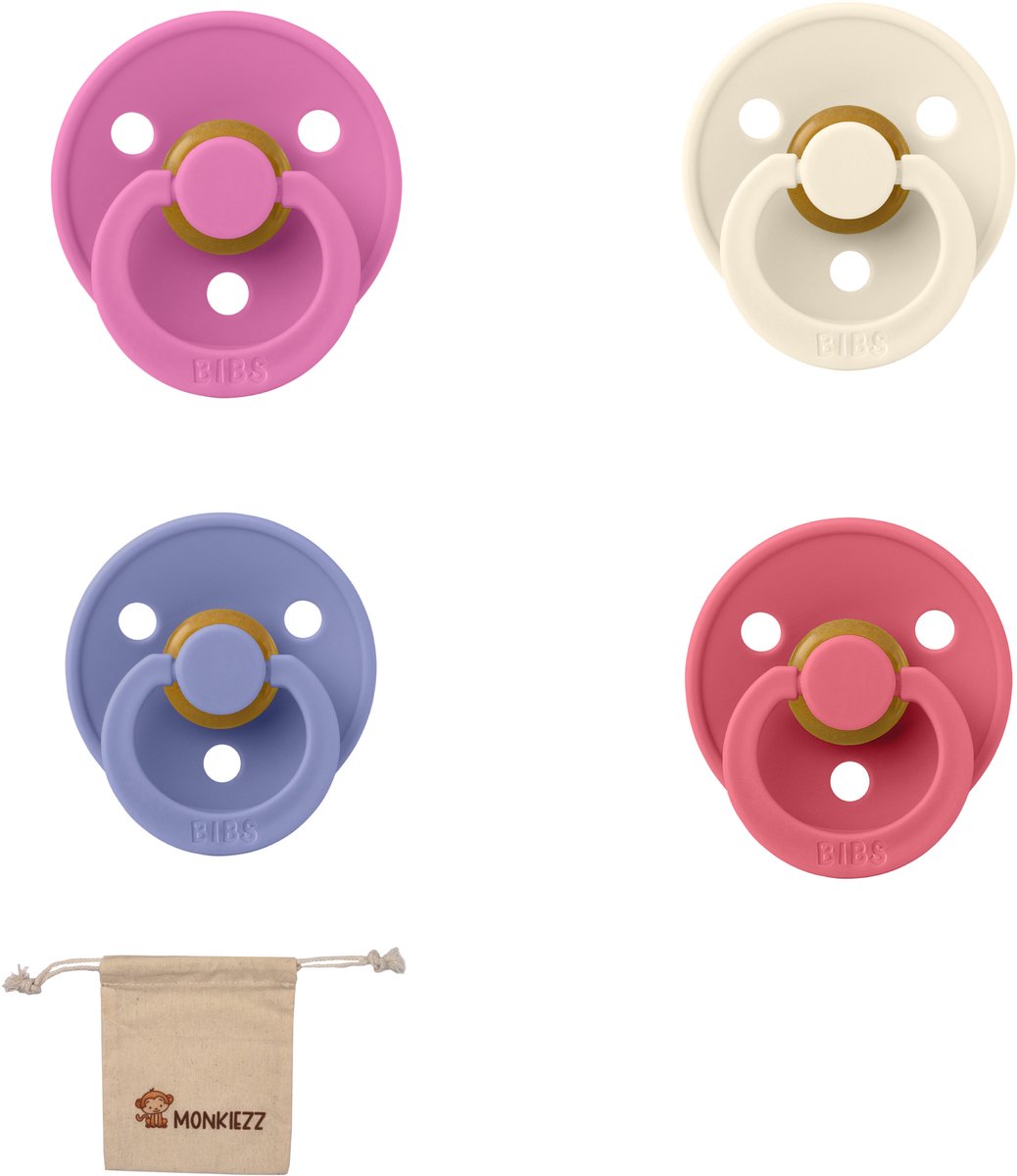 Goedkoopste Bibs fopspeen - maat 2 6-18 maanden - 4 stuks – Ivory - Bubblegum – Peri – Dusty Pink Monkiezz speenzakje