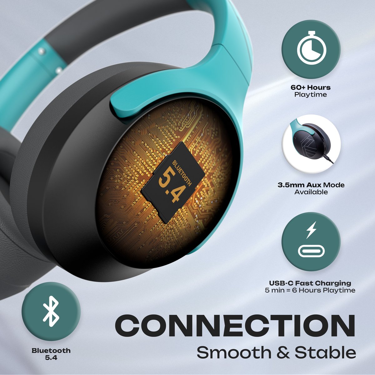 PowerLocus Boom - Koptelefoon Bluetooth - 60 uur batterijduur – Over Ear Koptelefoon Draadloos – 4 EQ-modi - Met Microfoon - Mint/Grijs – foto 6