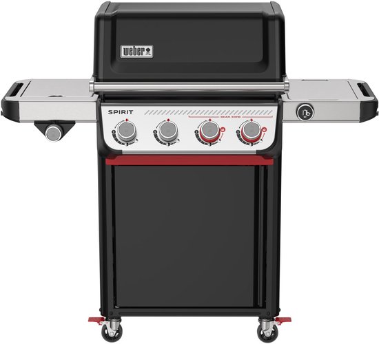 Zwarte Weber Spirit EP-435 gasbarbecue met vier draaiknoppen met rode accenten en Weber logo op de deksel.