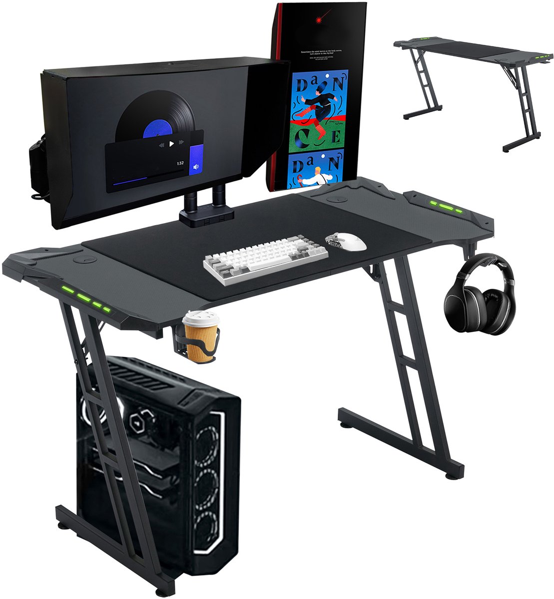 Aufun Gaming tafel 140 x 60 cm, Zit Sta Bureau met ledverlichting, Zwart