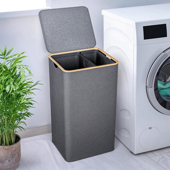 Björn&Schiller Wasmand, 2 vakken met deksel, 100 l, grijs, smal en hoog