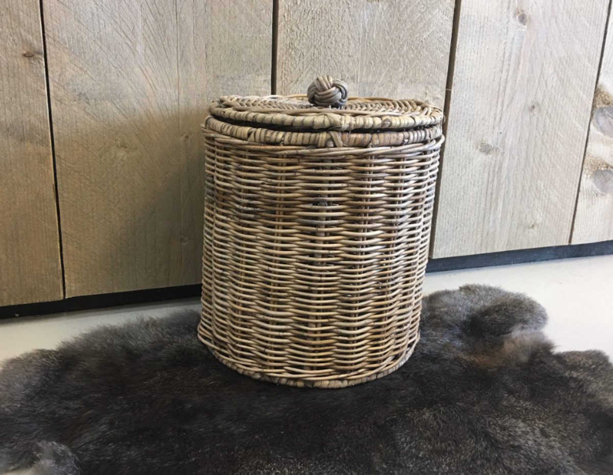 Rieten Voorraadpot L- Ø25xH25 cm - Greywash - Opbergpot met Deksel - Handgevlochten - Decoshoppen.nl - Landelijke Stijl