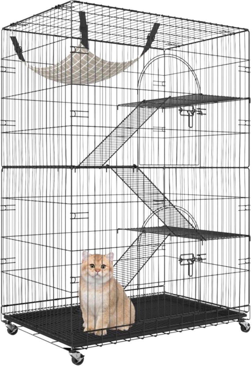 Kattenkooi – Metalen kattenbench kooi – 4 Niveaus – 3 Ladders – Voor binnen – 2 Deuren