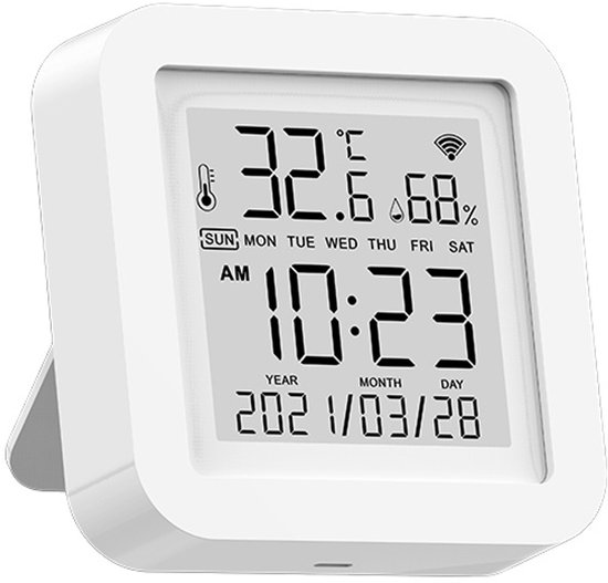 Foto: Lotahome wifi thermometer hygrometer inclusief datum en tijd luchtvochtigheidsmeter temperatuurmeter met app en voicecontrol met achtergrondlicht oplaadbaar tot 30 meter wit