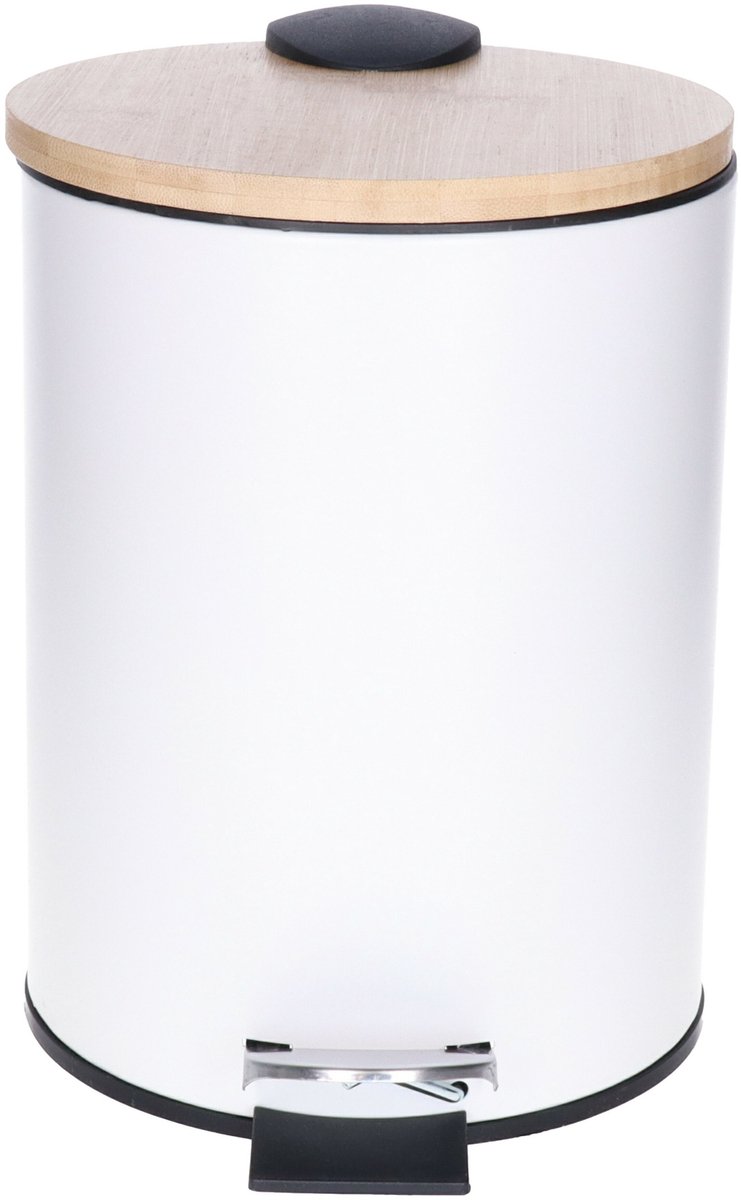 Tendance Badkamer prullenbak/afvalbak Bamboo vibe - soft close - wit - 3 liter - metaal