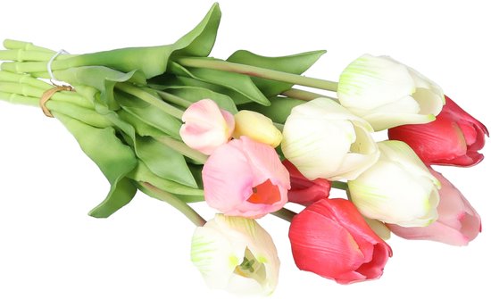 Bouquet de tulipes artificielles Bellatio Design Sally - 7 pièces - rose/crème - toucher réaliste - 47 cm