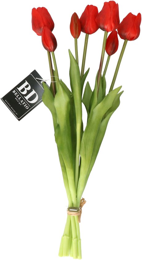 Bouquet de tulipes artificielles Bellatio Design Sally - 7 pièces - rouge - toucher réaliste - 47 cm