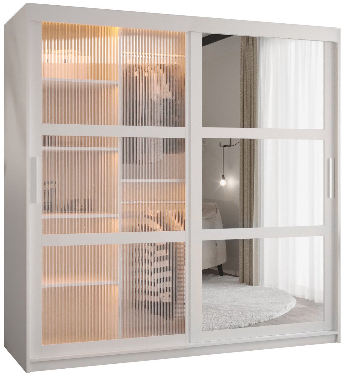 AJE Meubles B.V. Zweefdeurkast Kledingkast met 2 schuifdeuren glanzen slaapkamerkast Kledingstang met planken Garderobekast met geribbeld glas - ARTON 2 (180 cm, Wit)